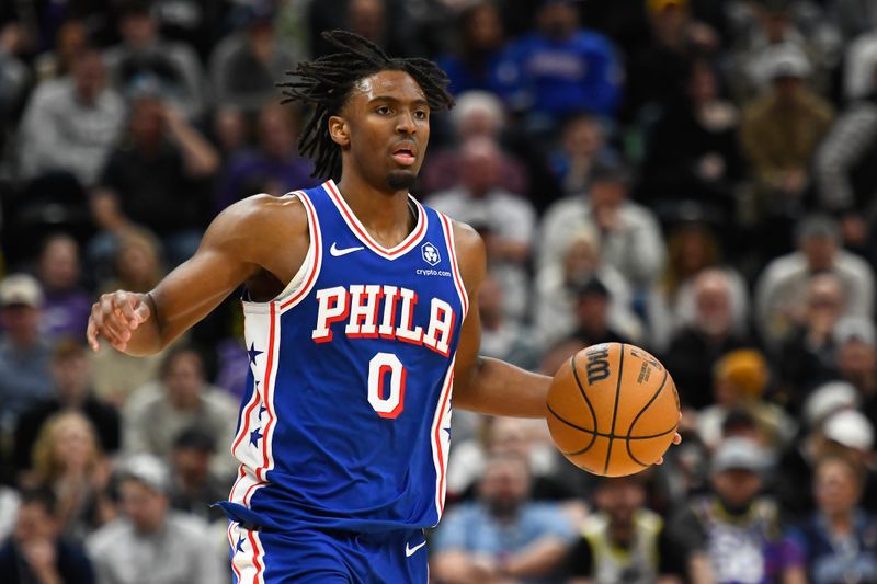 SALT LAKE CITY, UTAH - FEBRUARY 01: Tyrese Maxey #0 of the Philadelphia 76ers in action during the second half of a game against the Utah Jazz at Delta Center on February 01, 2024 in Salt Lake City, Utah. NOTE TO USER: User expressly acknowledges and agrees that, by downloading and or using this photograph, User is consenting to the terms and conditions of the Getty Images License Agreement. (Photo by Alex Goodlett/Getty Images)