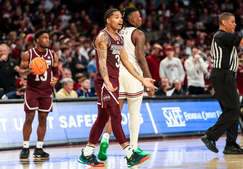 Jan 6, 2024; Columbia, South Carolina, USA; Mississippi State Bulldogs guard Shakeel Moore (3) reacts after being called for a foul against the South Carolina Gamecocks in the second half at Colonial Life Arena. Mandatory Credit: Jeff Blake-USA TODAY Sports