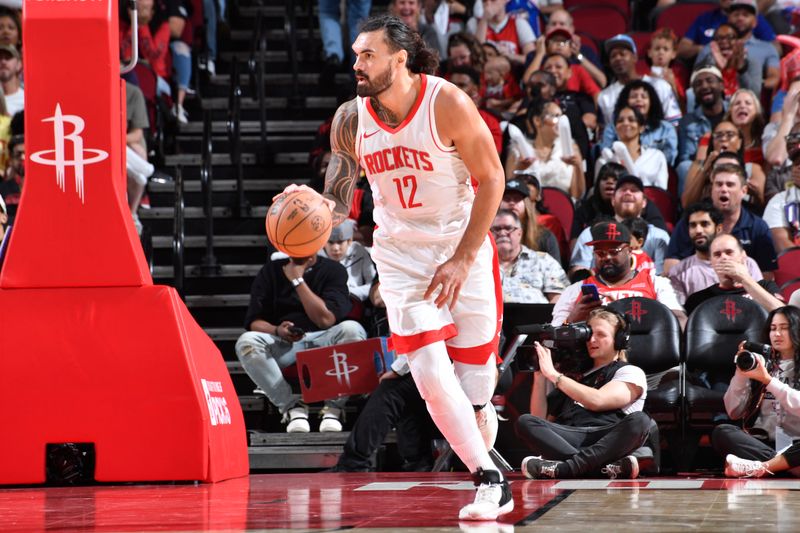 HOUSTON, TX - OCTOBER 15: Steven Adams #12 of the Houston Rockets dribbles the ball during the game against the New Orleans Pelicans during a NBA preseason game on October 15, 2024 at the Toyota Center in Houston, Texas. NOTE TO USER: User expressly acknowledges and agrees that, by downloading and or using this photograph, User is consenting to the terms and conditions of the Getty Images License Agreement. Mandatory Copyright Notice: Copyright 2024 NBAE (Photo by Logan Riely/NBAE via Getty Images)