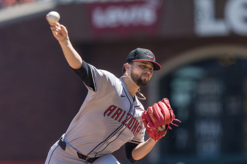 Apr 21, 2024; San Francisco, California, USA;  Arizona Diamondbacks starting pitcher Slade Cecconi (43) throws against the San Francisco Giants during the first inning at Oracle Park. Mandatory Credit: John Hefti-USA TODAY Sports