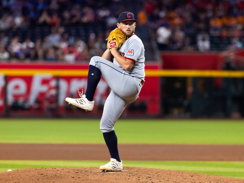 Aug 19, 2025; Phoenix, Arizona, USA; Cleveland Guardians pitcher Tanner Bibee against the Arizona Diamondbacks at Chase Field. Mandatory Credit: Mark J. Rebilas-Imagn Images