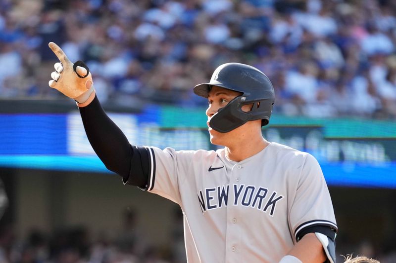 Jun 3, 2023; Los Angeles, California, USA; New York Yankees right fielder Aaron Judge (99) celebrates after hitting a home run in the sixth inning against the Los Angeles Dodgers at Dodger Stadium. Mandatory Credit: Kirby Lee-USA TODAY Sports