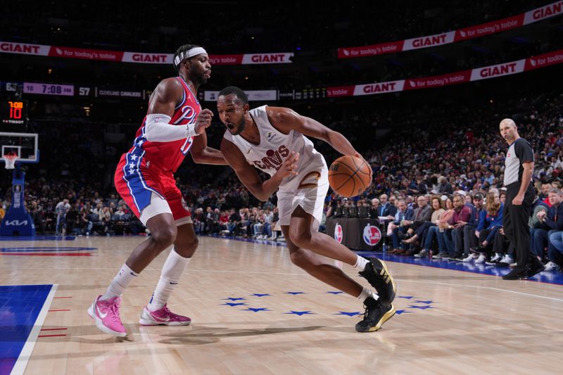 PHILADELPHIA, PA - FEBRUARY 23: Evan Mobley #4 of the Cleveland Cavaliers drives to the basket during the game against the Philadelphia 76ers on February 23, 2024 at the Wells Fargo Center in Philadelphia, Pennsylvania NOTE TO USER: User expressly acknowledges and agrees that, by downloading and/or using this Photograph, user is consenting to the terms and conditions of the Getty Images License Agreement. Mandatory Copyright Notice: Copyright 2024 NBAE (Photo by Jesse D. Garrabrant/NBAE via Getty Images)