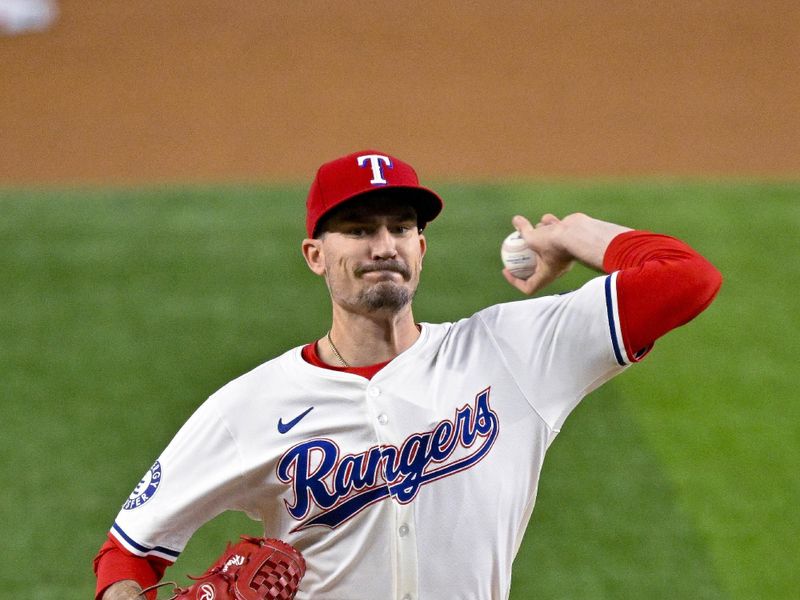 Aug 5, 2024; Arlington, Texas, USA; Texas Rangers starting pitcher Andrew Heaney (44) pitches against the Houston Astros during the first inning at Globe Life Field. Mandatory Credit: Jerome Miron-USA TODAY Sports