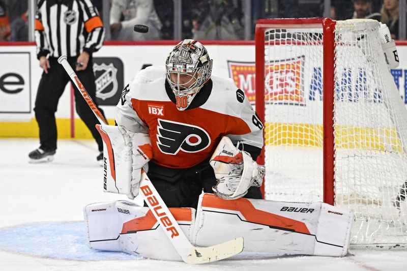 Feb 3, 2026; Philadelphia, Pennsylvania, USA; Philadelphia Flyers goaltender Dan Vladar (80) makes a save against the Washington Capitals during the second period at Xfinity Mobile Arena. Mandatory Credit: Eric Hartline-Imagn Images