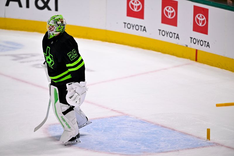 Mar 22, 2025; Dallas, Texas, USA; Dallas Stars goaltender Jake Oettinger (29) skates off the ice after the net is knocked off by Philadelphia Flyers center Ryan Poehling (not pictured) during the first period at the American Airlines Center. Mandatory Credit: Jerome Miron-Imagn Images
