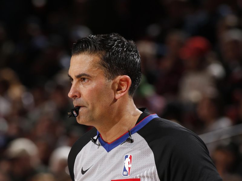 PORTLAND, OR - FEBRUARY 23: Referee Zach Zarba #15 looks on during the game between the Denver Nuggets and the Portland Trail Blazers on February 23, 2024 at the Moda Center Arena in Portland, Oregon. NOTE TO USER: User expressly acknowledges and agrees that, by downloading and or using this photograph, user is consenting to the terms and conditions of the Getty Images License Agreement. Mandatory Copyright Notice: Copyright 2024 NBAE (Photo by Cameron Browne/NBAE via Getty Images)