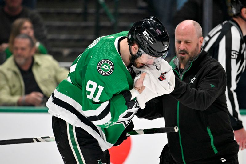 May 1, 2024; Dallas, Texas, USA; Dallas Stars center Tyler Seguin (91) skates off the ice after being hit by Vegas Golden Knights defenseman Alex Pietrangelo (not pictured) during the second period in game five of the first round of the 2024 Stanley Cup Playoffs at the American Airlines Center. Mandatory Credit: Jerome Miron-USA TODAY Sports