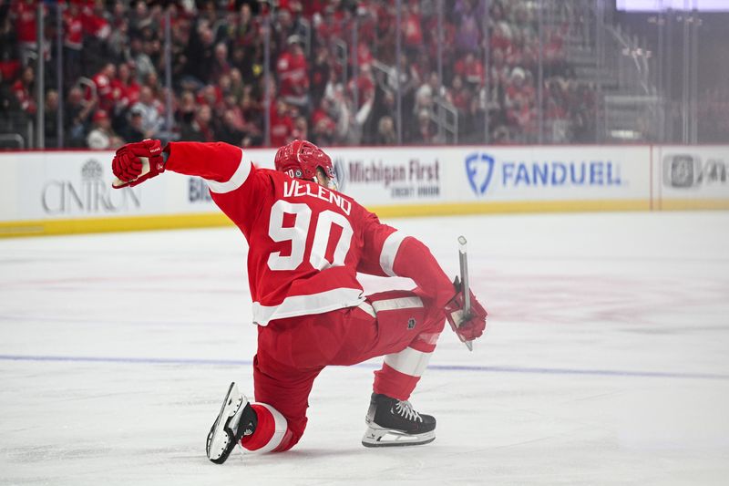 Feb 27, 2024; Detroit, Michigan, USA; Detroit Red Wings center Joe Veleno (90) celebrates his goal during the second period against the Washington Capitals at Little Caesars Arena. Mandatory Credit: Tim Fuller-USA TODAY Sports