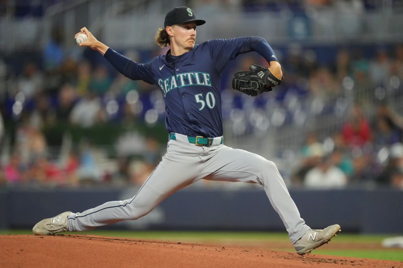 Jun 23, 2024; Miami, Florida, USA;  Seattle Mariners starting pitcher Bryce Miller (50) pitches in the first inning against the Miami Marlins at loanDepot Park. Mandatory Credit: Jim Rassol-USA TODAY Sports