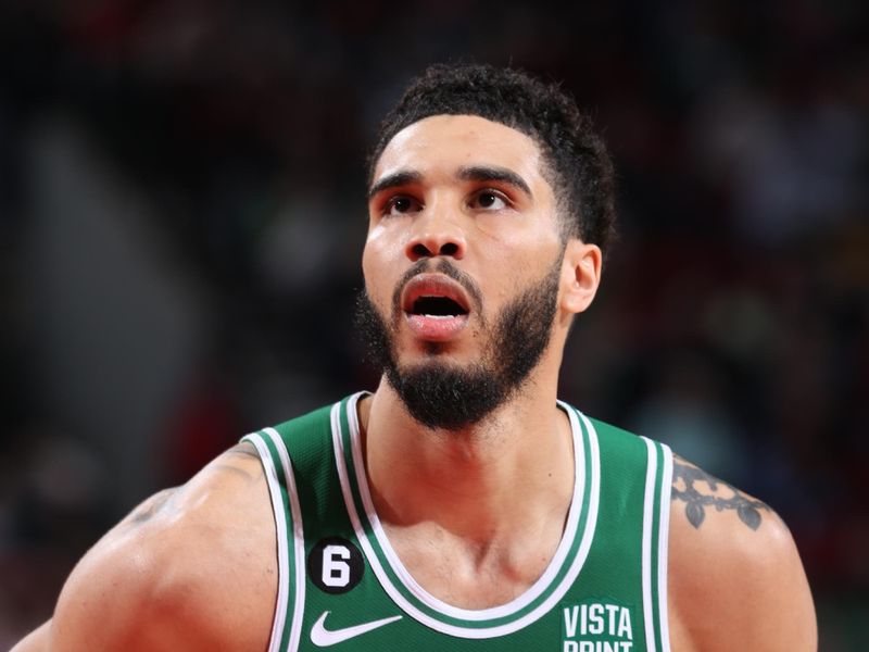 PORTLAND, OR - MARCH 17: Jayson Tatum #0 of the Boston Celtics prepares to shoot a free throw against the Portland Trail Blazers on March 17, 2023 at the Moda Center Arena in Portland, Oregon. NOTE TO USER: User expressly acknowledges and agrees that, by downloading and or using this photograph, user is consenting to the terms and conditions of the Getty Images License Agreement. Mandatory Copyright Notice: Copyright 2023 NBAE (Photo by Sam Forencich/NBAE via Getty Images)