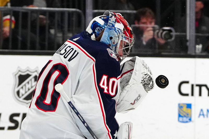 Mar 23, 2024; Las Vegas, Nevada, USA; Columbus Blue Jackets goaltender Daniil Tarasov (40) makes a save against the Vegas Golden Knights during the second period at T-Mobile Arena. Mandatory Credit: Stephen R. Sylvanie-USA TODAY Sports