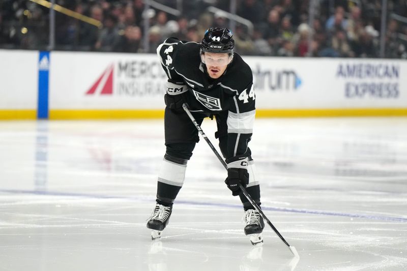 Apr 15, 2024; Los Angeles, California, USA; LA Kings defenseman Mikey Anderson (44) against the Minnesota Wild in the second period at Crypto.com Arena. Mandatory Credit: Kirby Lee-USA TODAY Sports