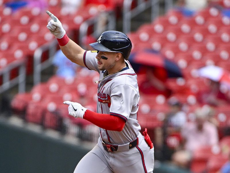 Jun 26, 2024; St. Louis, Missouri, USA; Atlanta Braves center fielder Jarred Kelenic (24) reacts as he runs the bases after hitting a two run home run against the St. Louis Cardinals during the sixth inning at Busch Stadium. Mandatory Credit: Jeff Curry-USA TODAY Sports