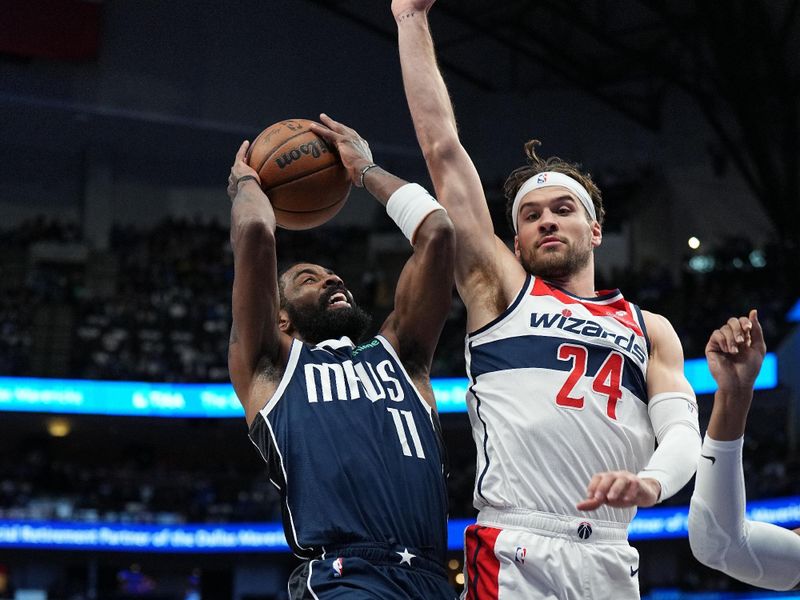 DALLAS, TX - FEBRUARY 12: Kyrie Irving #11 of the Dallas Mavericks drives to the basket during the game as Corey Kispert #24 of the Washington Wizards plays defense on February 12, 2024 at the American Airlines Center in Dallas, Texas. NOTE TO USER: User expressly acknowledges and agrees that, by downloading and or using this photograph, User is consenting to the terms and conditions of the Getty Images License Agreement. Mandatory Copyright Notice: Copyright 2024 NBAE (Photo by Glenn James/NBAE via Getty Images)