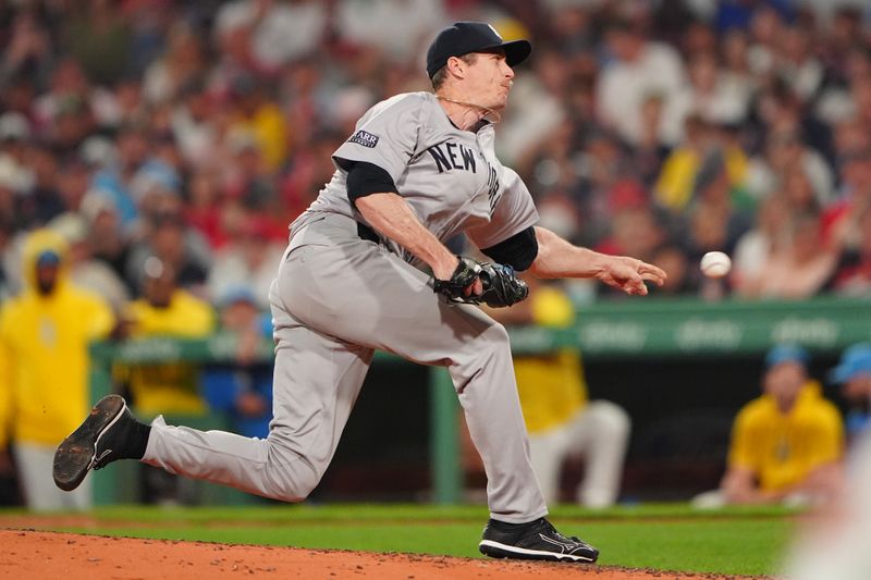 Jul 27, 2024; Boston, Massachusetts, USA; New York Yankees pitcher Tim Hill (54) delivers a pitch against the Boston Red Sox during the sixth inning at Fenway Park. Mandatory Credit: Gregory Fisher-USA TODAY Sports