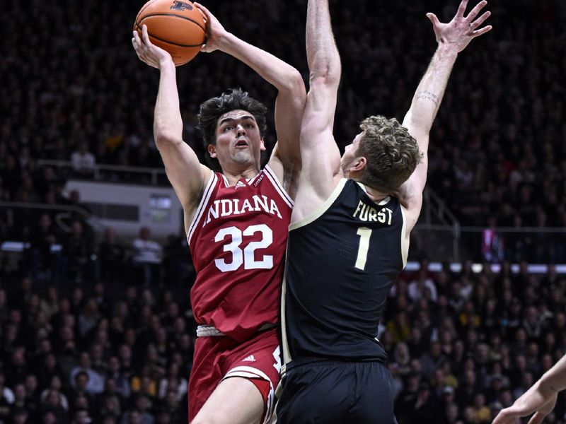 Feb 25, 2023; West Lafayette, Indiana, USA;  Indiana Hoosiers guard Trey Galloway (32) shoots the ball over Purdue Boilermakers forward Caleb Furst (1) during the first half  at Mackey Arena. Mandatory Credit: Marc Lebryk-USA TODAY Sports