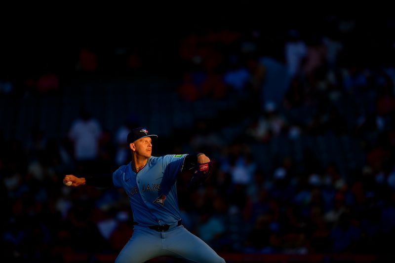 Aug 12, 2024; Anaheim, California, USA; Toronto Blue Jays pitcher Bowden Francis (44) throws against the Los Angeles Angels during the first inning at Angel Stadium. Mandatory Credit: Gary A. Vasquez-USA TODAY Sports