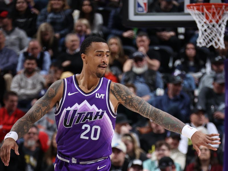 SALT LAKE CITY, UT - MARCH 4:  John Collins #20 of the Utah Jazz reacts during the game against the Washington Wizards on March 4, 2024 at vivint.SmartHome Arena in Salt Lake City, Utah. NOTE TO USER: User expressly acknowledges and agrees that, by downloading and or using this Photograph, User is consenting to the terms and conditions of the Getty Images License Agreement. Mandatory Copyright Notice: Copyright 2024 NBAE (Photo by Melissa Majchrzak/NBAE via Getty Images)