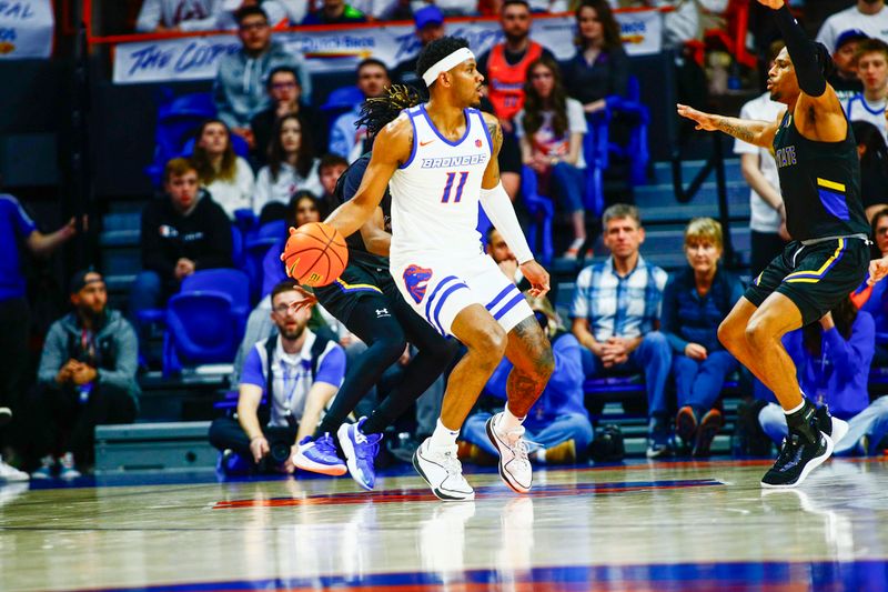 Feb 20, 2024; Boise, Idaho, USA;  Boise State Broncos guard Chibuzo Agbo (11) during the first half against the San Jose State Spartans at ExtraMile Arena. Mandatory Credit: Brian Losness-USA TODAY Sports