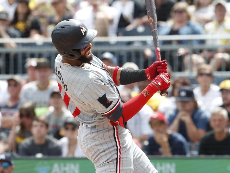 Jun 9, 2024; Pittsburgh, Pennsylvania, USA; Minnesota Twins second baseman Willi Castro (50) reacts after being hit by a Pittsburgh Pirates pitch during the sixth inning at PNC Park. Mandatory Credit: Charles LeClaire-USA TODAY Sports