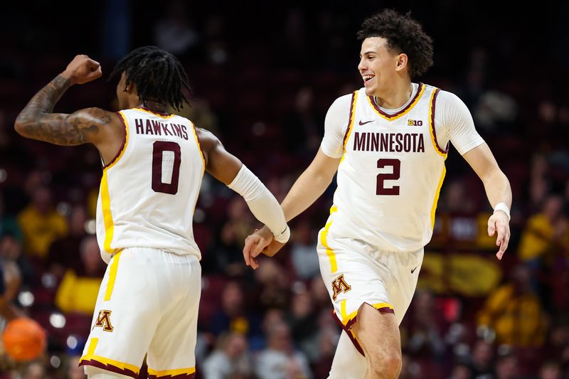 Nov 30, 2023; Minneapolis, Minnesota, USA; Minnesota Golden Gophers guard Mike Mitchell Jr. (2) reacts to his shot with guard Elijah Hawkins (0) during the second half against the New Orleans Privateers at Williams Arena. Mandatory Credit: Matt Krohn-USA TODAY Sports