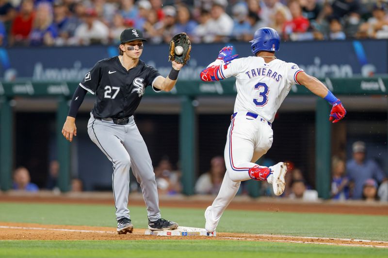 Jul 23, 2024; Arlington, Texas, USA; Chicago White Sox second base Brooks Baldwin (27) covers first base just ahead of Texas Rangers outfielder Leody Taveras (3) during the eighth inning at Globe Life Field. Mandatory Credit: Andrew Dieb-USA TODAY Sports