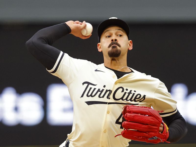 Jun 12, 2024; Minneapolis, Minnesota, USA; Minnesota Twins starting pitcher Pablo Lopez (49) throws to the Colorado Rockies in the first inning at Target Field. Mandatory Credit: Bruce Kluckhohn-USA TODAY Sports