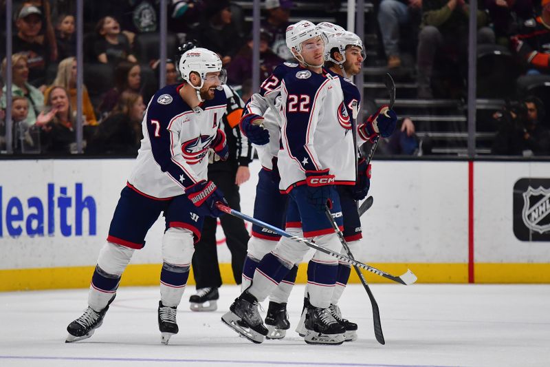 Feb 21, 2024; Anaheim, California, USA; Columbus Blue Jackets center Sean Kuraly (7) celebrates his goal scored against the Anaheim Ducks during the third period at Honda Center. Mandatory Credit: Gary A. Vasquez-USA TODAY Sports