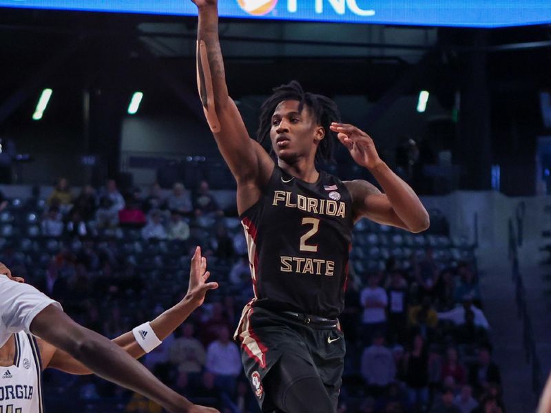 Mar 2, 2024; Atlanta, Georgia, USA; Florida State Seminoles forward Jamir Watkins (2) passes the ball against the Georgia Tech Yellow Jackets in the first half at McCamish Pavilion. Mandatory Credit: Brett Davis-USA TODAY Sports
