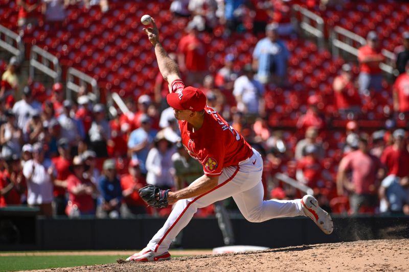 Jun 23, 2024; St. Louis, Missouri, USA; St. Louis Cardinals relief pitcher Ryan Helsley (56) pitches against the San Francisco Giants in the ninth inning at Busch Stadium. Mandatory Credit: Joe Puetz-USA TODAY Sports