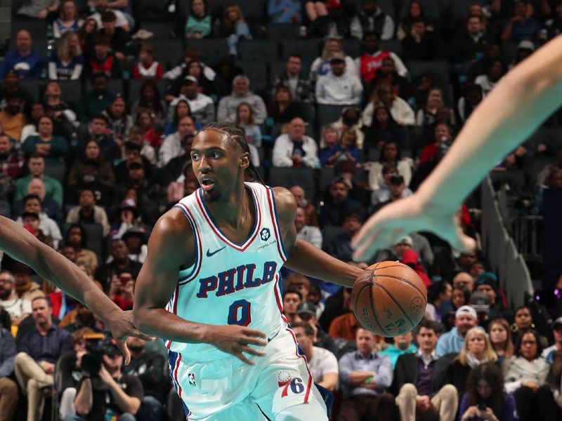 CHARLOTTE, NC - DECEMBER 3: Tyrese Maxey #0 of the Philadelphia 76ers drives to the basket during the game against the Charlotte Hornets during an NBA Emirates Cup game on December 3, 2024 at Spectrum Center in Charlotte, North Carolina. NOTE TO USER: User expressly acknowledges and agrees that, by downloading and or using this photograph, User is consenting to the terms and conditions of the Getty Images License Agreement. Mandatory Copyright Notice: Copyright 2024 NBAE (Photo by Kent Smith/NBAE via Getty Images)