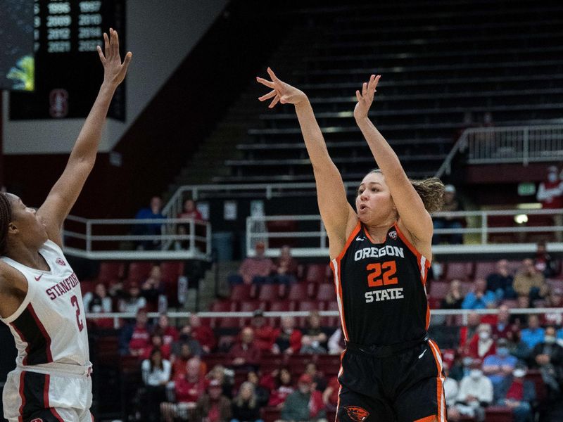 Jan 27, 2023; Stanford, California, USA; Oregon State Beavers guard Talia von Oelhoffen (22) shoots the basketball over Stanford Cardinal guard Agnes Emma-Nnopu (2) during the fourth quarter at Maples Pavilion. Mandatory Credit: Neville E. Guard-USA TODAY Sports