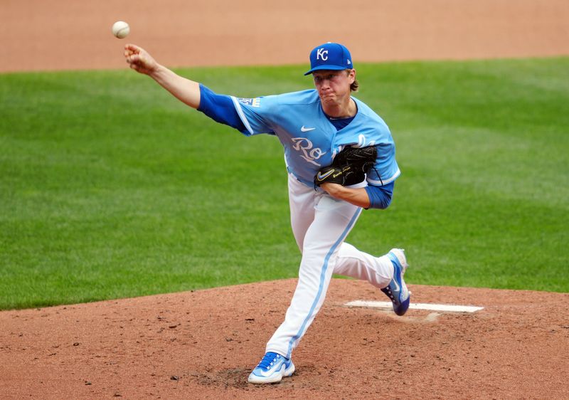 Apr 19, 2023; Kansas City, Missouri, USA; Kansas City Royals starting pitcher Brady Singer (51) pitches during the fourth inning against the Texas Rangers at Kauffman Stadium. Mandatory Credit: Jay Biggerstaff-USA TODAY Sports