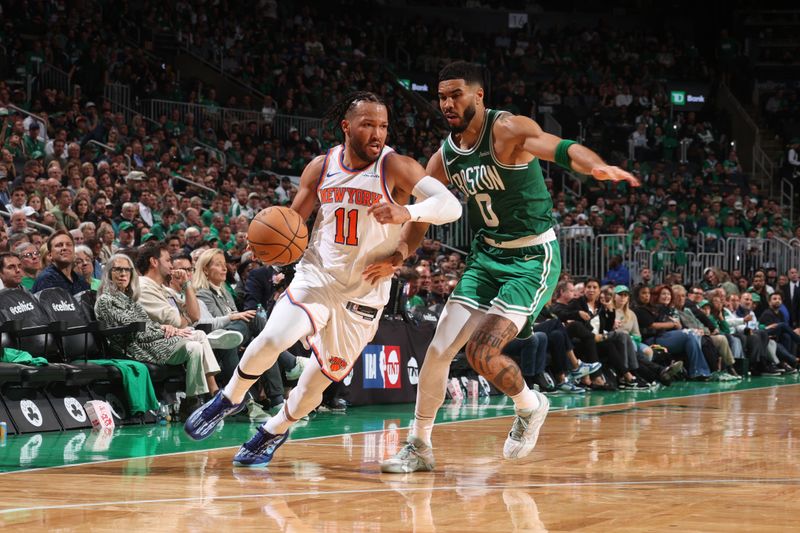 BOSTON, MA - OCTOBER 22: Jalen Brunson #11 of the New York Knicks drives to the basket during the game against the Boston Celtics on October 22, 2024 at TD Garden in Boston, Massachusetts. NOTE TO USER: User expressly acknowledges and agrees that, by downloading and or using this Photograph, user is consenting to the terms and conditions of the Getty Images License Agreement. Mandatory Copyright Notice: Copyright 2024 NBAE (Photo by Nathaniel S. Butler/NBAE via Getty Images)