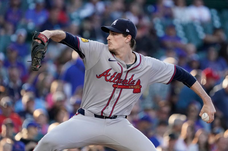 May 22, 2024; Chicago, Illinois, USA; Atlanta Braves pitcher Max Fried (54) throws the ball against the Chicago Cubs during the first inning at Wrigley Field. Mandatory Credit: David Banks-USA TODAY Sports