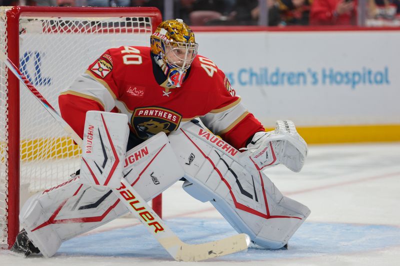 Nov 13, 2025; Sunrise, Florida, USA; Florida Panthers goaltender Daniil Tarasov (40) defends his net against the Washington Capitals during the third period at Amerant Bank Arena. Mandatory Credit: Sam Navarro-Imagn Images