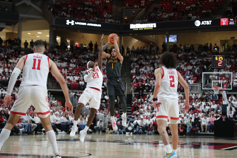 Jan 17, 2023; Lubbock, Texas, USA;  Baylor Bears guard Keyonte George (1) shoots over Texas Tech Red Raiders guard De   Vion Harmon (23) in the second half at United Supermarkets Arena. Mandatory Credit: Michael C. Johnson-USA TODAY Sports