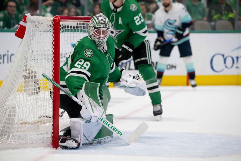 May 15, 2023; Dallas, Texas, USA; Dallas Stars goaltender Jake Oettinger (29) faces the Seattle Kraken attack during the first period in game seven of the second round of the 2023 Stanley Cup Playoffs at the American Airlines Center. Mandatory Credit: Jerome Miron-USA TODAY Sports