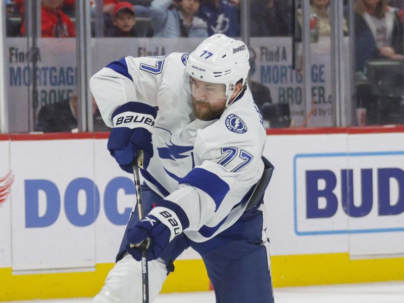 Jan 21, 2024; Detroit, Michigan, USA; Tampa Bay Lightning defenseman Victor Hedman (77) shoots the puck during the first period at Little Caesars Arena. Mandatory Credit: Brian Bradshaw Sevald-USA TODAY Sports