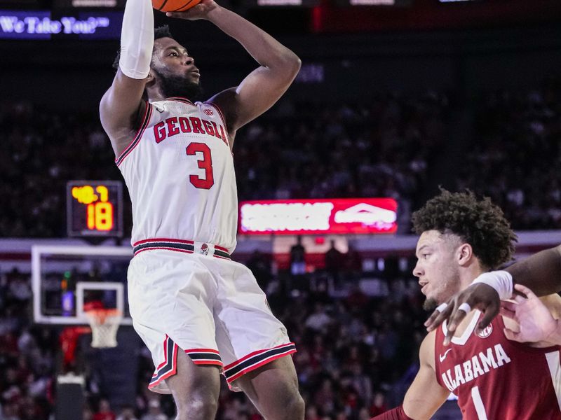 Jan 31, 2024; Athens, Georgia, USA; Georgia Bulldogs guard Noah Thomasson (3) shoots over Alabama Crimson Tide guard Mark Sears (1) during the first half at Stegeman Coliseum. Mandatory Credit: Dale Zanine-USA TODAY Sports