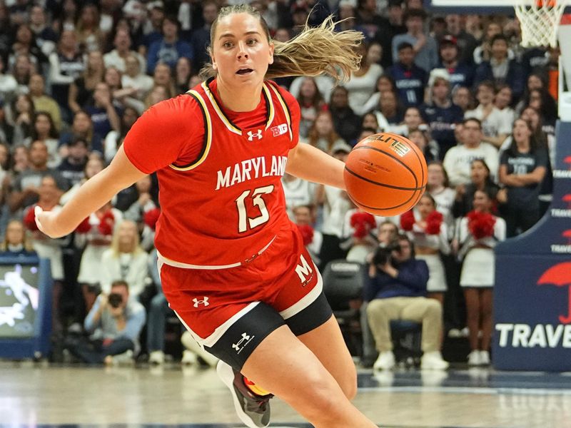 Nov 16, 2023; Storrs, Connecticut, USA;  Maryland Terrapins guard Faith Masonius (13) dribbles the ball toward the basket against the Connecticut Huskies during the first half at Harry A. Gampel Pavilion. Mandatory Credit: Gregory Fisher-USA TODAY Sports