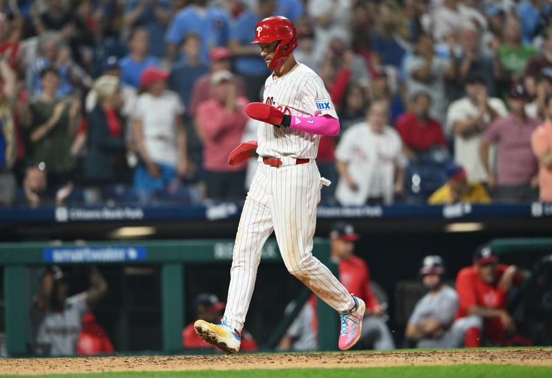 Aug 17, 2024; Philadelphia, Pennsylvania, USA; Philadelphia Phillies shortstop Trea Turner (7) advances home to score against the Washington Nationals in the sixth inning at Citizens Bank Park. Mandatory Credit: Kyle Ross-USA TODAY Sports