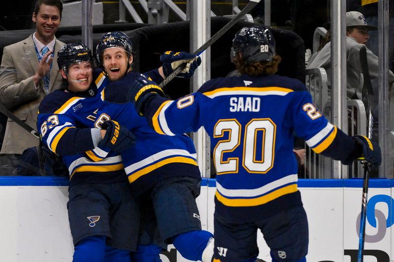 Oct 17, 2024; St. Louis, Missouri, USA;  St. Louis Blues left wing Jake Neighbours (63) celebrates with defenseman Philip Broberg (6) and left wing Brandon Saad (20) after scoring the game winning goal against New York Islanders goaltender Ilya Sorokin (not pictured) in overtime at Enterprise Center. Mandatory Credit: Jeff Curry-Imagn Images