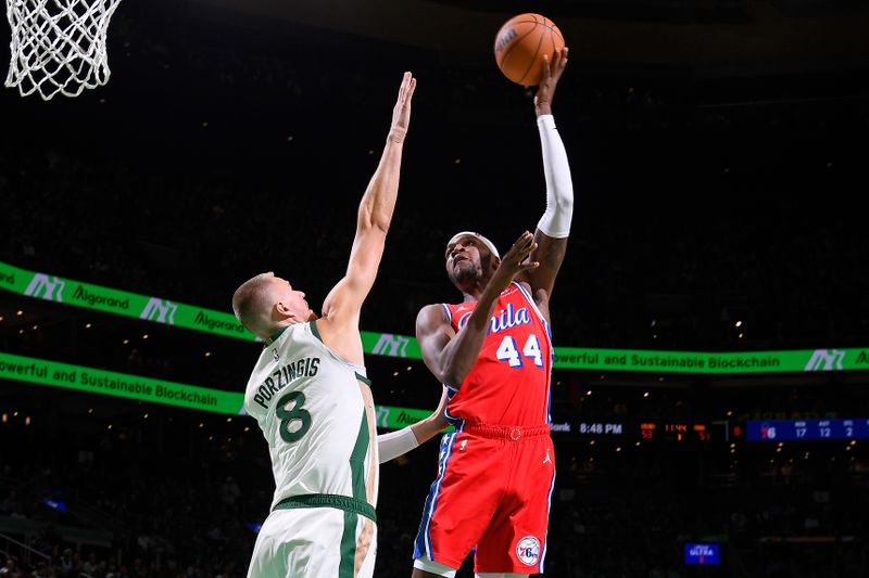 BOSTON, MA - FEBRUARY 27: Paul Reed #44 of the Philadelphia 76ers shoots the ball during the game against the Boston Celtics on February 27, 2024 at the TD Garden in Boston, Massachusetts. NOTE TO USER: User expressly acknowledges and agrees that, by downloading and or using this photograph, User is consenting to the terms and conditions of the Getty Images License Agreement. Mandatory Copyright Notice: Copyright 2024 NBAE  (Photo by Brian Babineau/NBAE via Getty Images)