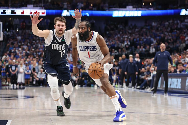 DALLAS, TX - APRIL 28: James Harden #1 of the LA Clippers dribbles the ball during the game against the Dallas Mavericks during Round 1 Game 4 of the 2024 NBA Playoffs on April 28, 2024 at the American Airlines Center in Dallas, Texas. NOTE TO USER: User expressly acknowledges and agrees that, by downloading and or using this photograph, User is consenting to the terms and conditions of the Getty Images License Agreement. Mandatory Copyright Notice: Copyright 2024 NBAE (Photo by Tim Heitman/NBAE via Getty Images)