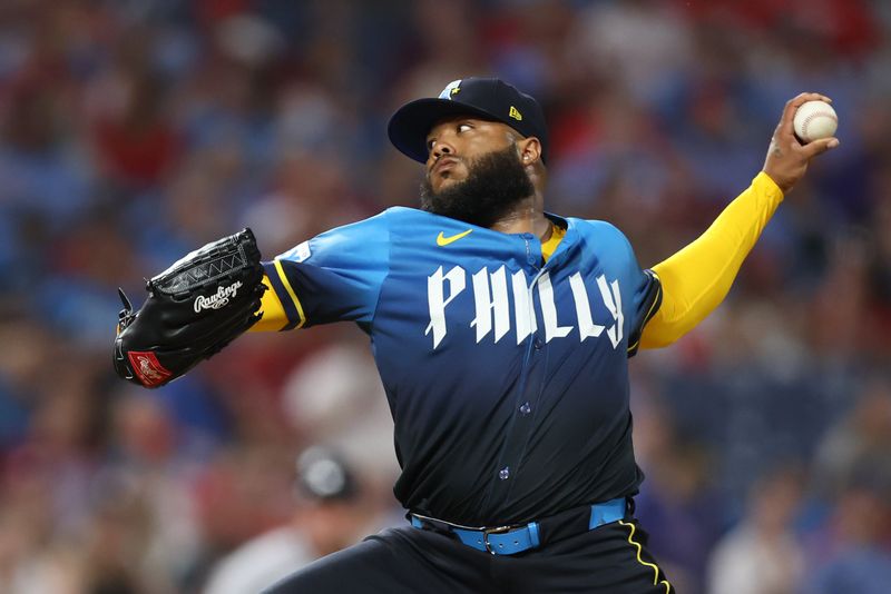 May 2, 2025; Philadelphia, Pennsylvania, USA; Philadelphia Phillies pitcher José Alvarado (46) pitches during the ninth inning against the Arizona Diamondbacks at Citizens Bank Park. Mandatory Credit: Bill Streicher-Imagn Images