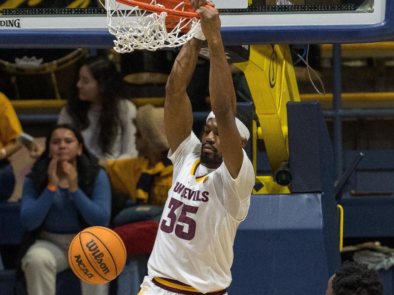 Feb 11, 2023; Berkeley, California, USA; Arizona State Sun Devils guard Devan Cambridge (35) celebrates after the dunk against California Golden Bears guard DeJuan Clayton (33)  during the second half at Haas Pavilion. Mandatory Credit: Neville E. Guard-USA TODAY Sports