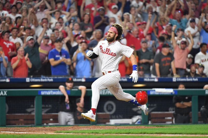 Aug 21, 2023; Philadelphia, Pennsylvania, USA; Philadelphia Phillies designated hitter Bryce Harper (3) runs towards home after hitting an inside-the-park home run during the fifth inning against the San Francisco Giants at Citizens Bank Park. Mandatory Credit: Eric Hartline-USA TODAY Sports