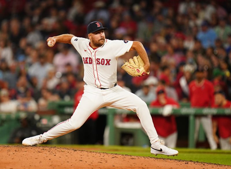 Aug 29, 2024; Boston, Massachusetts, USA; Boston Red Sox relief pitcher Greg Weissert (57) throws a pitch against the Toronto Blue Jays in the ninth inning at Fenway Park. Mandatory Credit: David Butler II-USA TODAY Sports